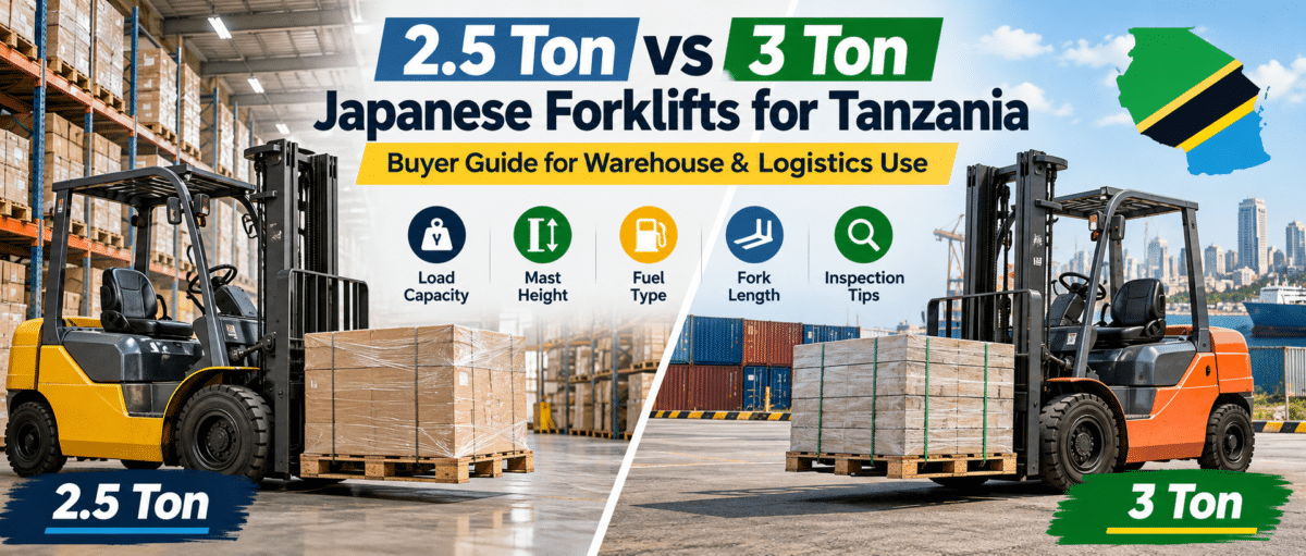 Used forklift Tanzania buyer guide comparing 2.5 ton and 3 ton Japanese forklifts for warehouse and logistics operations