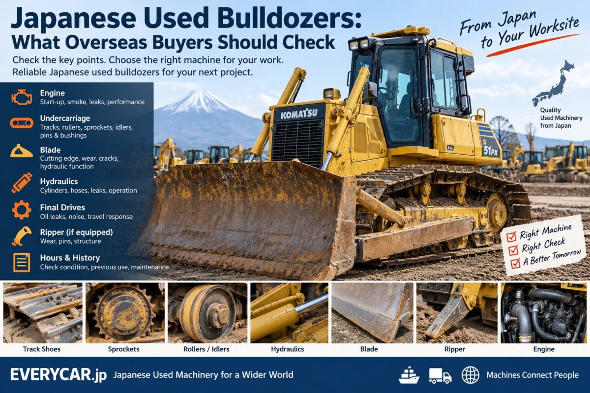 Japanese used bulldozer with steel tracks and blade being checked before overseas purchase