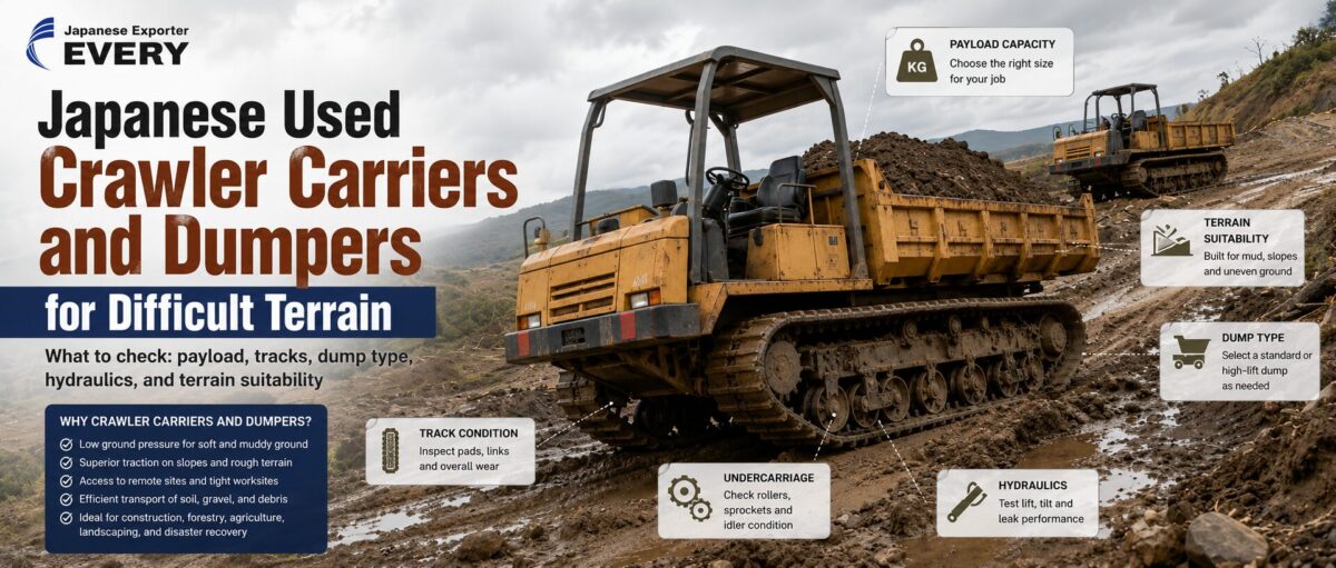 Japanese used crawler carrier transporting soil across muddy and uneven construction terrain