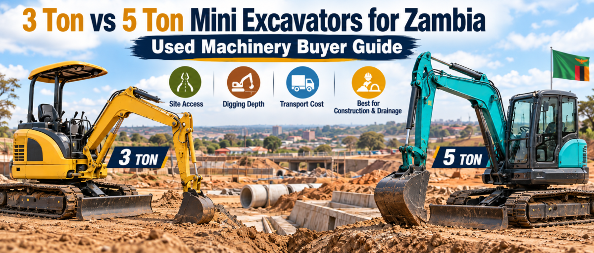 Mini excavator Zambia buyer guide comparing 3 ton and 5 ton Japanese used excavators for construction, drainage and foundation work