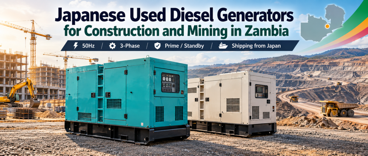 Diesel generator Zambia buyer guide showing Japanese used industrial generators for construction sites and mining support operations