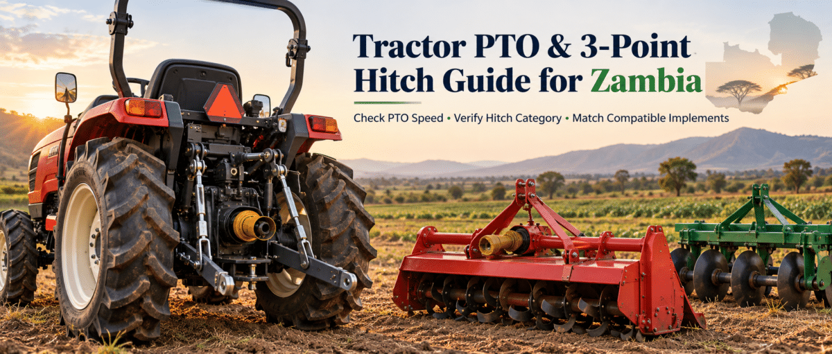 Tractor PTO Zambia buyer guide showing Japanese tractor 3-point hitch, PTO shaft and compatible rotary tiller attachment