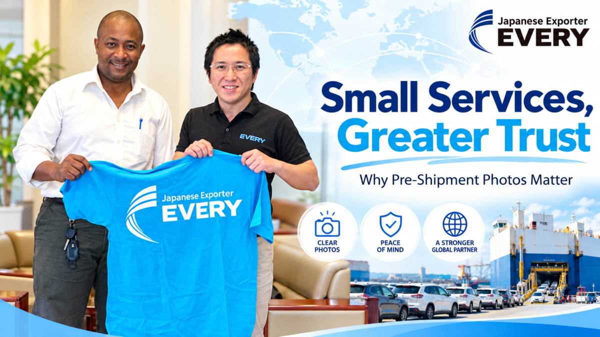 EVERY TRADING meets an overseas business partner in a banner titled Small Services, Greater Trust: Why Pre-Shipment Photos Matter
