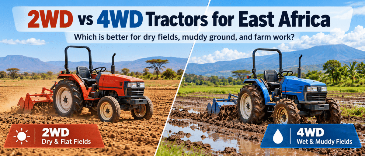 2WD vs 4WD tractors for East Africa buyer guide comparing Japanese used farm tractors on dry and muddy farmland